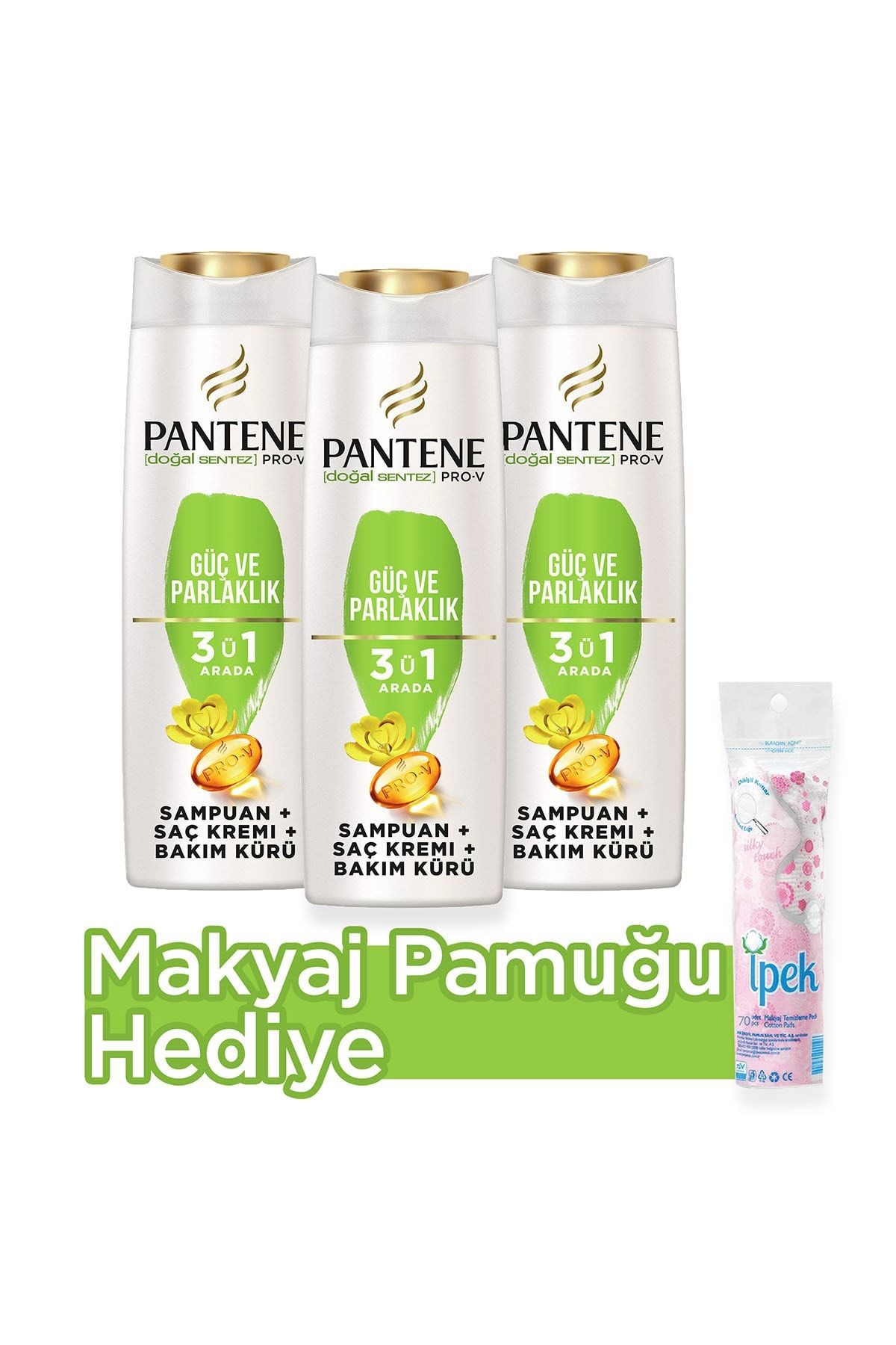 3'ü 1 Arada Şampuan Krem Bakım Kürü Güç Ve Parlaklık 400 ml X 3 Makyaj Pamuğu