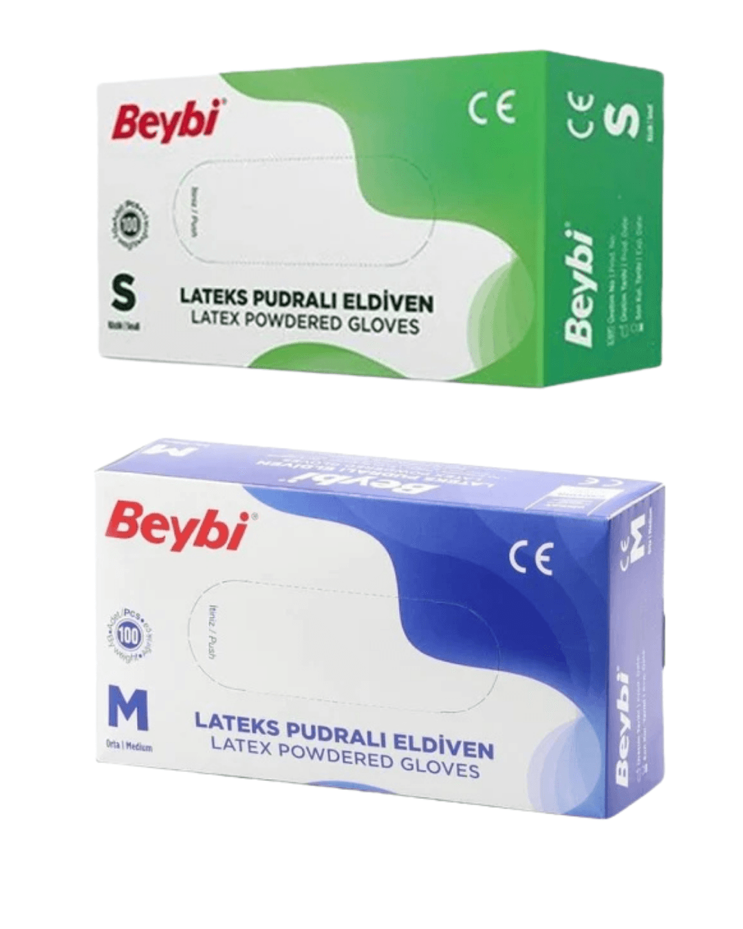 Beybi Lateks Pudralı Eldiven Small 100'lü + Beybi Lateks Pudralı Eldiven Medium 100`lü 2'Li Paket 