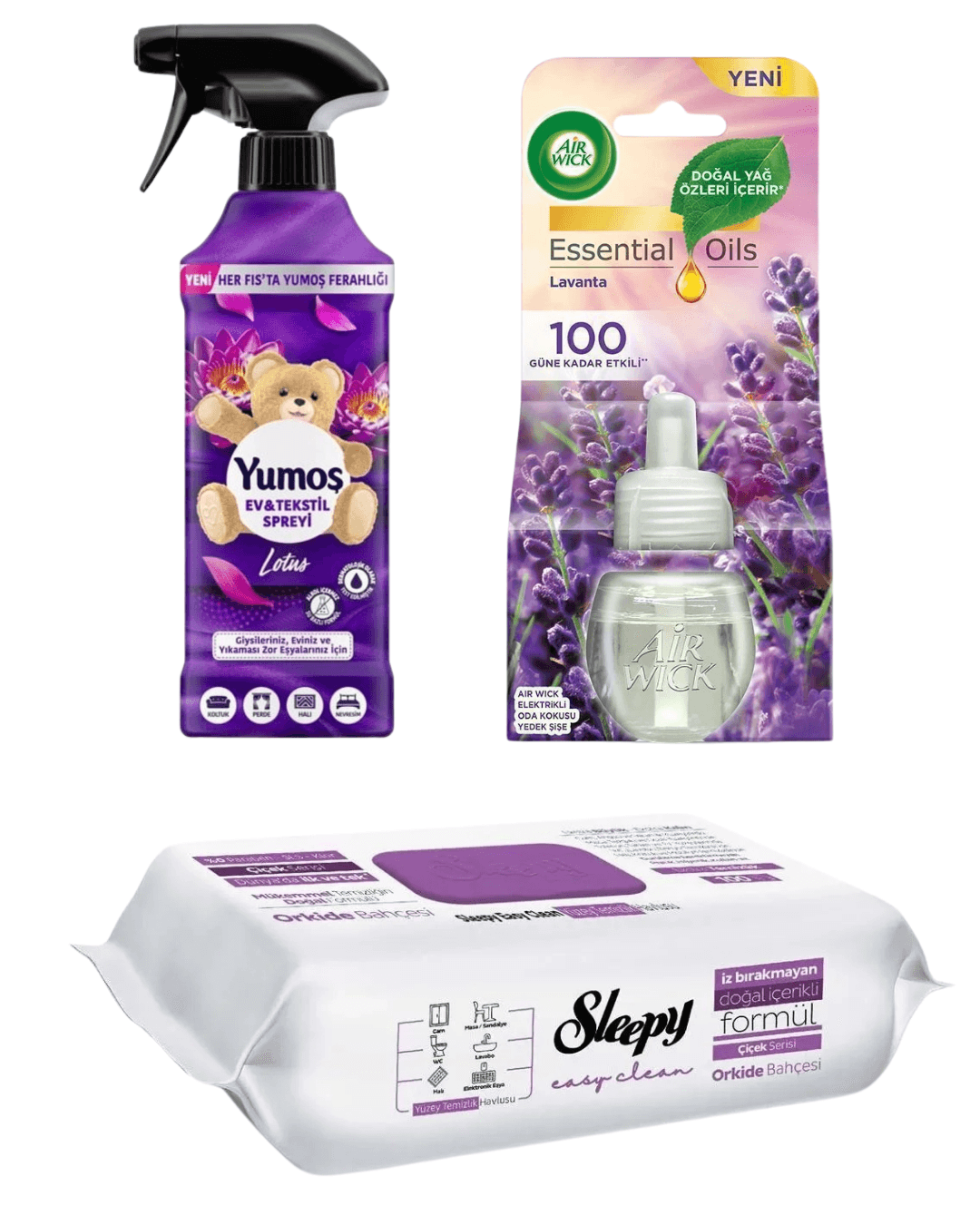 Yumoş Lotus Spreyi 450 ml + Sleepy Orkide Bahçesi Yüzey Temizlik Havlusu 100 Yaprak + Air Wick Elektrikli Oda Kokusu Lavanta 3'Lü Temizlik Seti