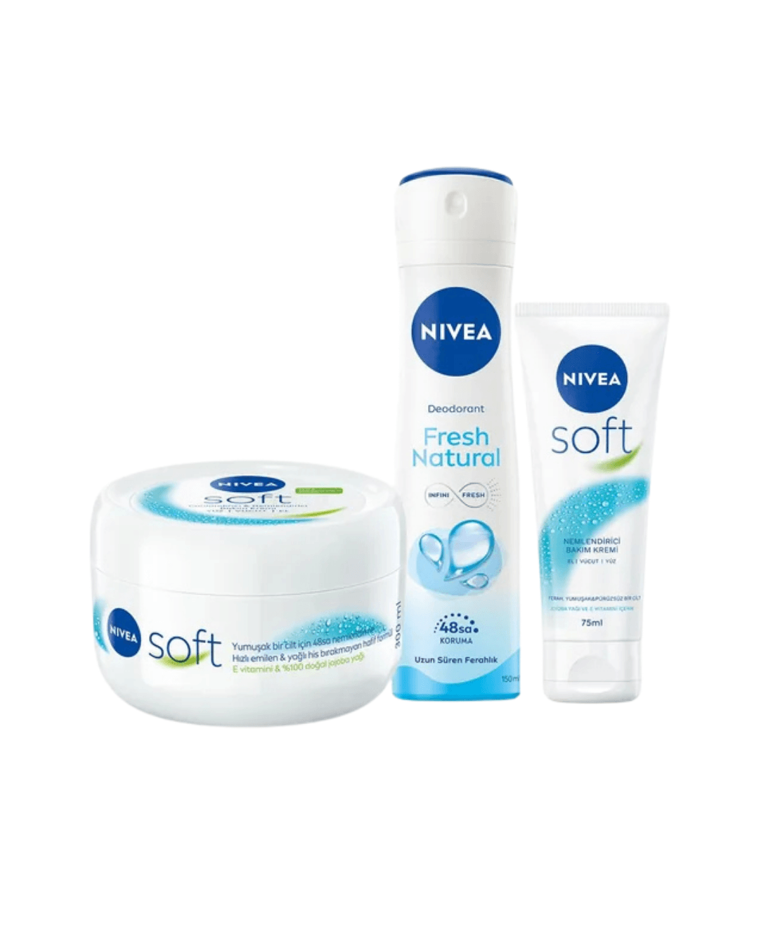 Nivea Kadın Sprey Deodorant Fresh Natural 150ml, Nemlendirici Soft El Bakım Kremi 75ml, Vücut Kremi 300ml