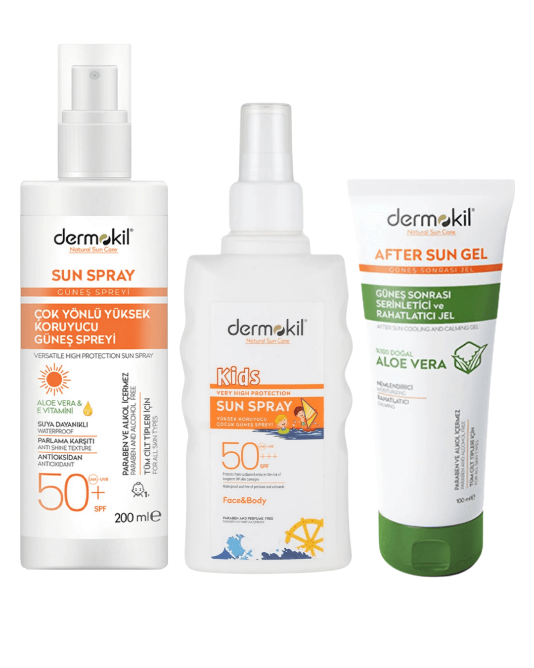DERMOKİL Güneş Spreyi 50 SPF 200 ml + Çocuk 50 SPF Güneş Spreyi 200 ml + Güneş Sonrası Serinletici ve Rahatlatıcı Jel 100 ml 3'Lü Set 