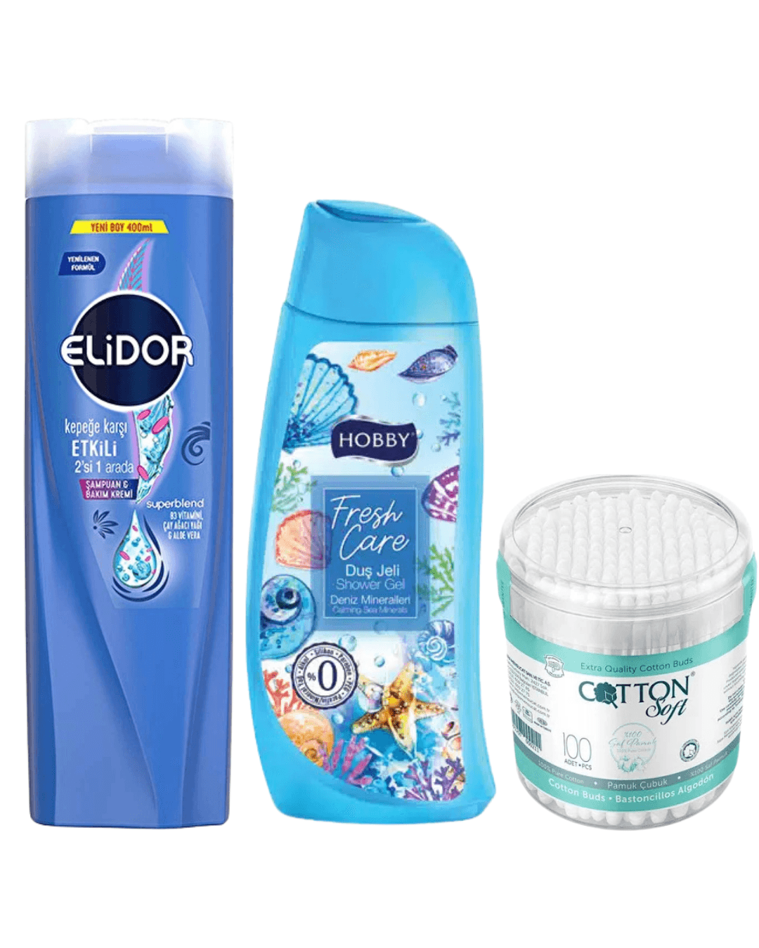 Elidor Superblend Kepeğe Karşı 2'si 1 Arada 400ml + Hobby Deniz Mineralleri Duş Jeli 500ml + Cotton Soft Pamuklu Çubuk 100'lü Set