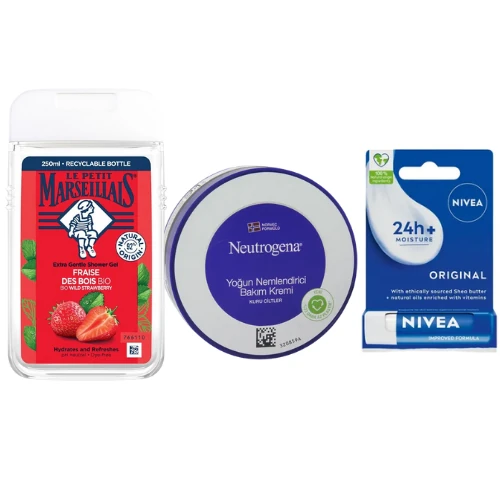 Le Petit Duş Jeli Çilek 250 ml + Neutrogena Yoğun Nemlendirici Bakım Kremi 200 ml + Nivea Original Care Renksiz Dudak Bakım Kremi 