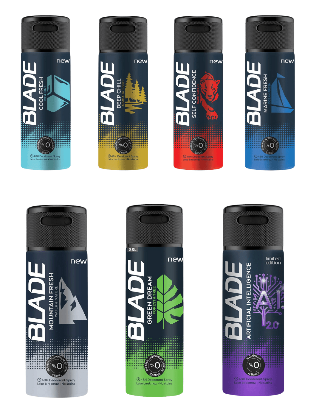 BLADE Cool Fresh + Deep Chill + Green Dream + Mountain Fresh +  Marine Fresh + Self Confidence + A.I 2.0 Erkek Deodorant Sprey 7'Li Set