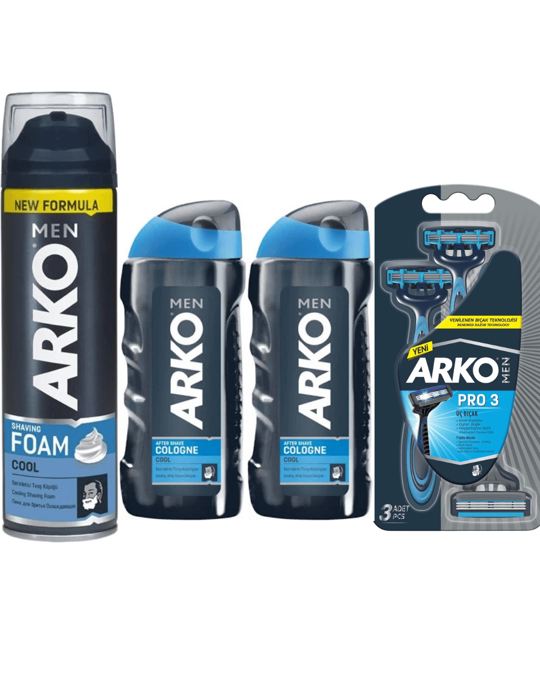 Arko Men Tıraş Köpüğü Cool + Arko Tıraş Bıçağı T3 Blister 3'lü +  Arko Men Cool After Shave Kolonyası(2 Adet) 4 Parça Erkek Tıraş Set