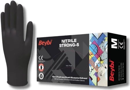 Beybi Strong-5 Pudrasız Siyah Nitril Muayene Eldiveni (100'lük Kutu) - Large