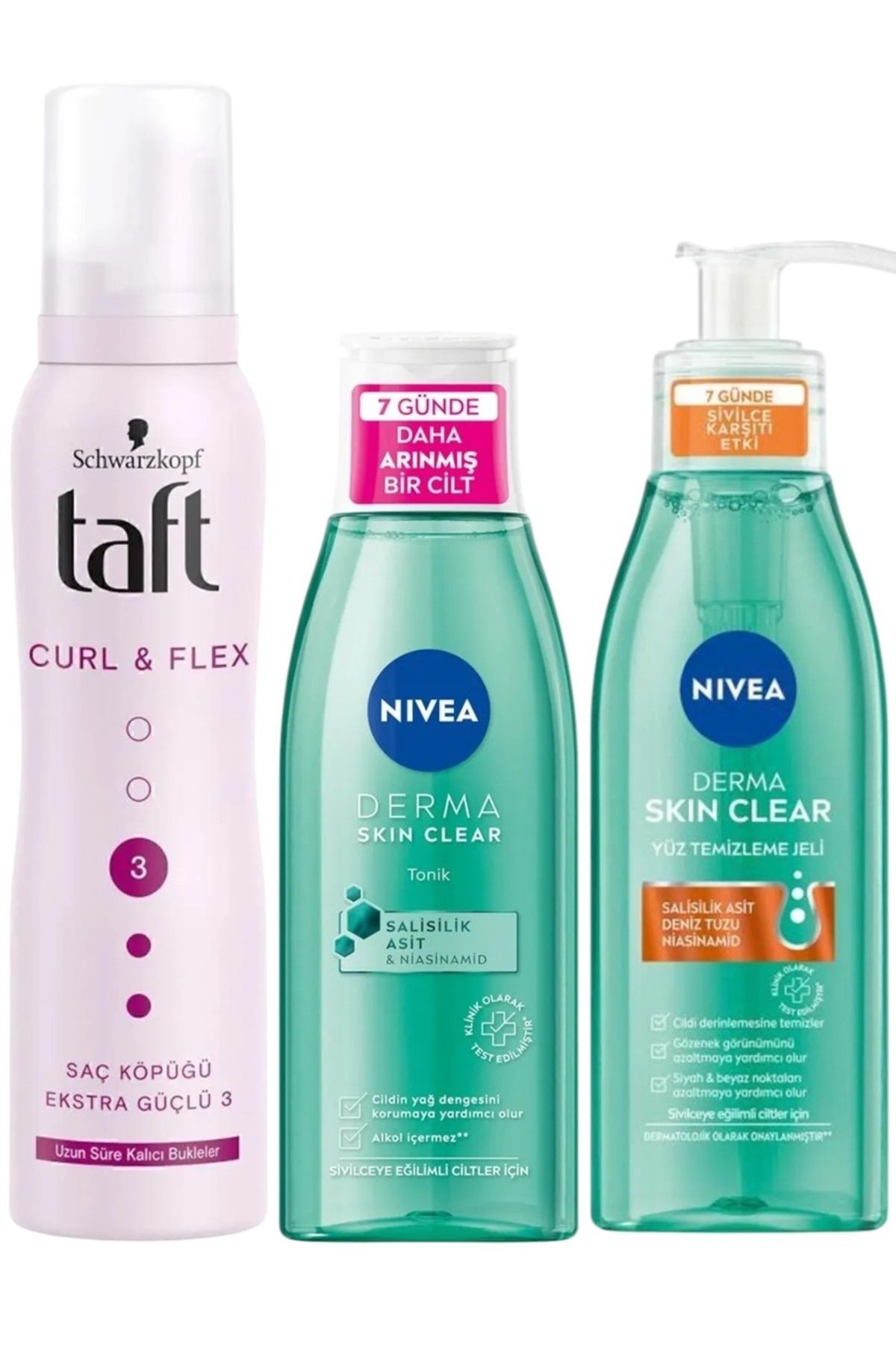 Taft Saç Köpüğü Bukle Belirginleştirici No:3 + Nıvea- Karşıtı Tonik 200 ml + Temizleme Jeli 150 ml