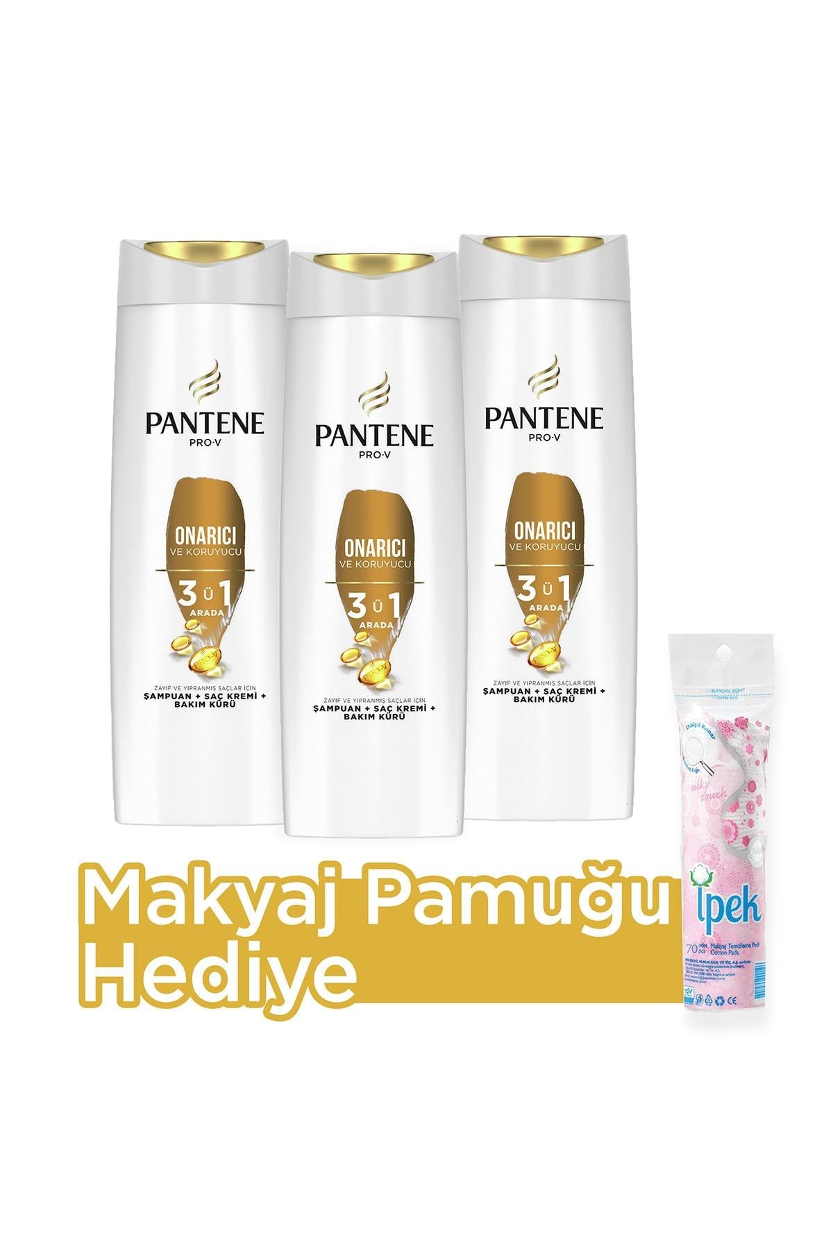 3'ü 1 Arada Şampuan Krem Bakım Kürü Onarıcı Koruyucu 400 ml X 3 Makyaj Pamuğu