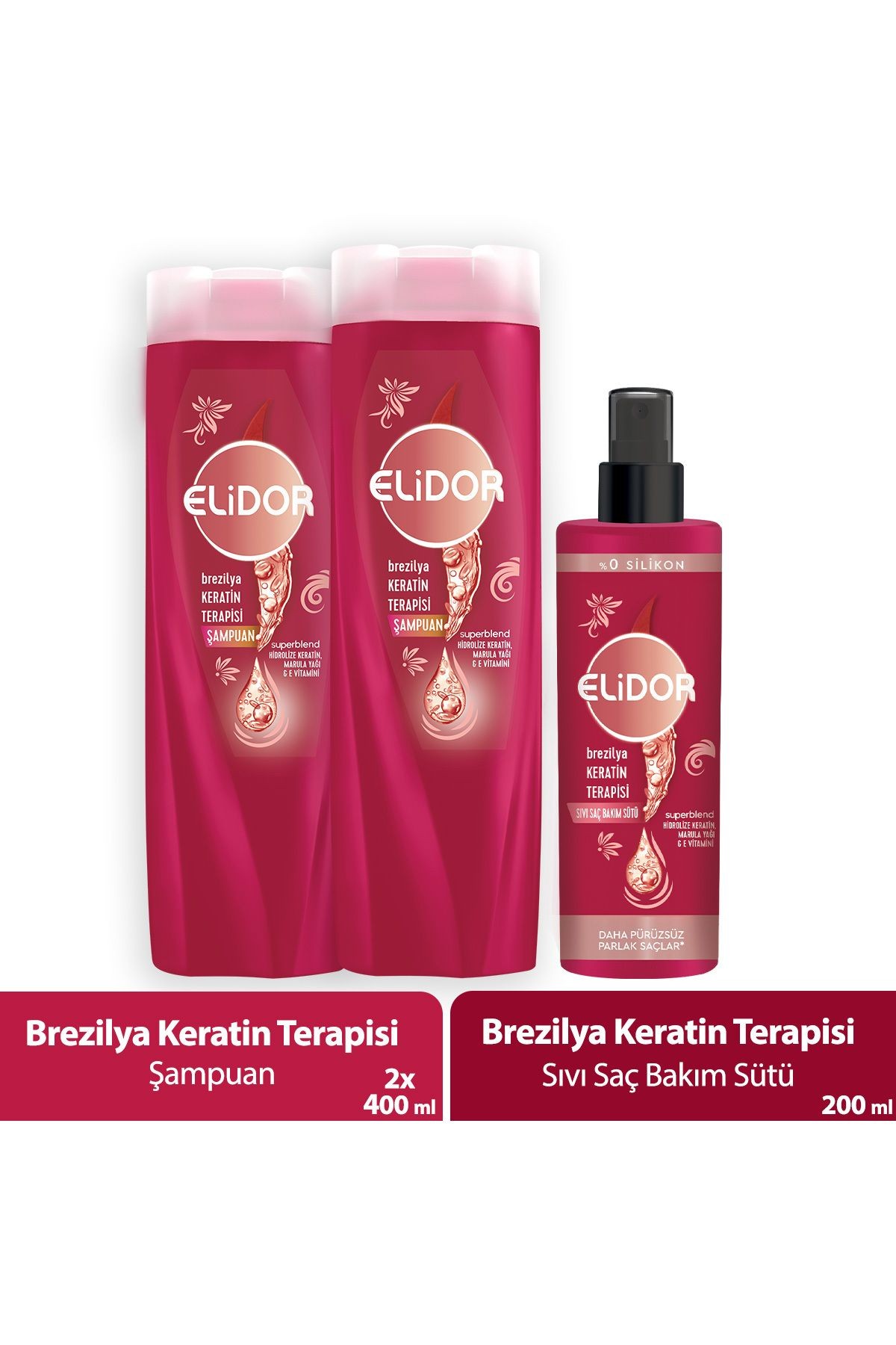 Elidor Saç Bakım Şampuanı Brezilya Keratin Terapisi 400 ml X2 Sıvı Saç Bakım Sütü 200 ml X1