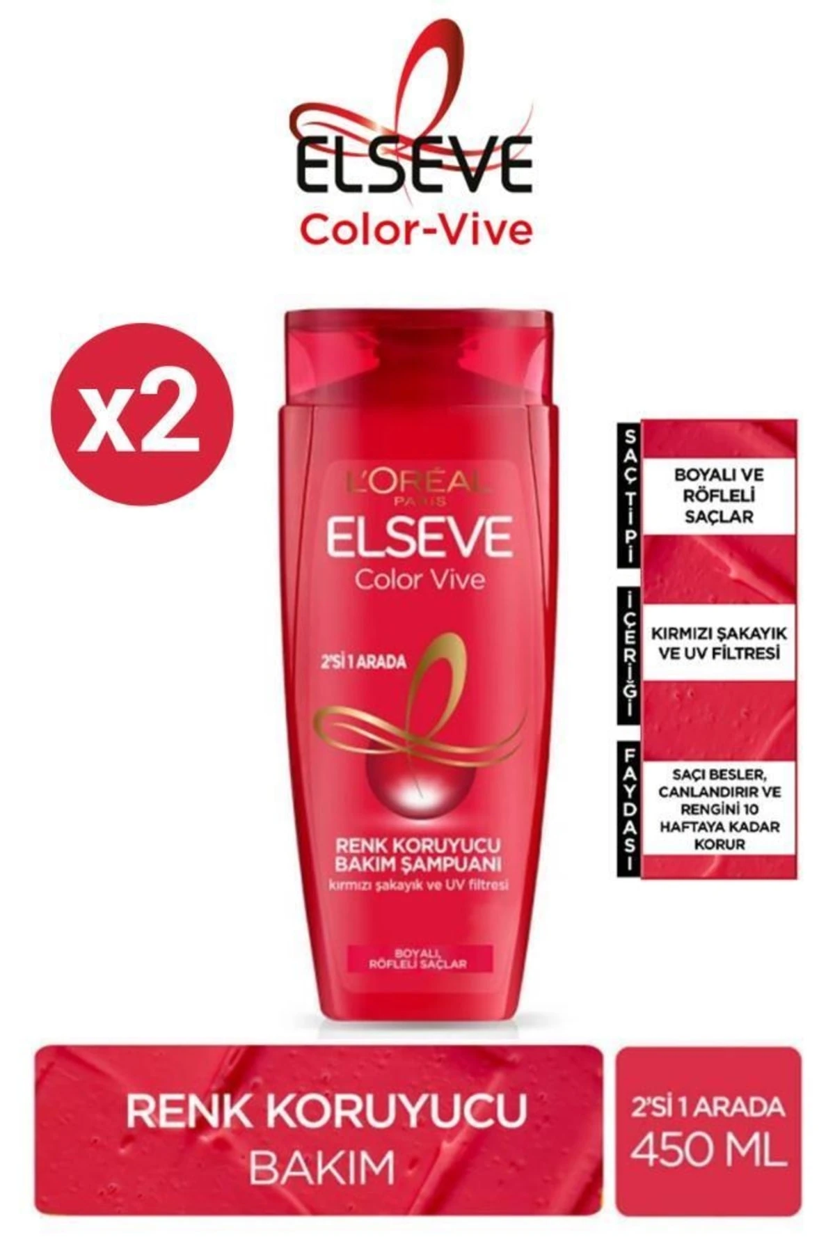 Elseve Color Vive 2si 1 Arada Renk Koruyu Bakım Şampuanı Boyalı Röfleli Saçlar Için 450 ml X2