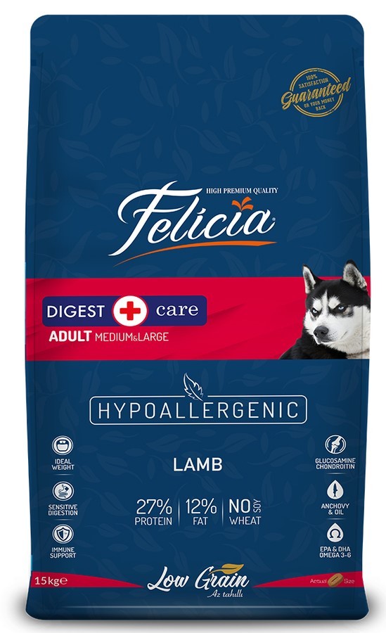 Felicia Yetişkin Kuzulu M/Large Az Tahıllı Breed HypoAllergenic Köpek Maması 15 KG