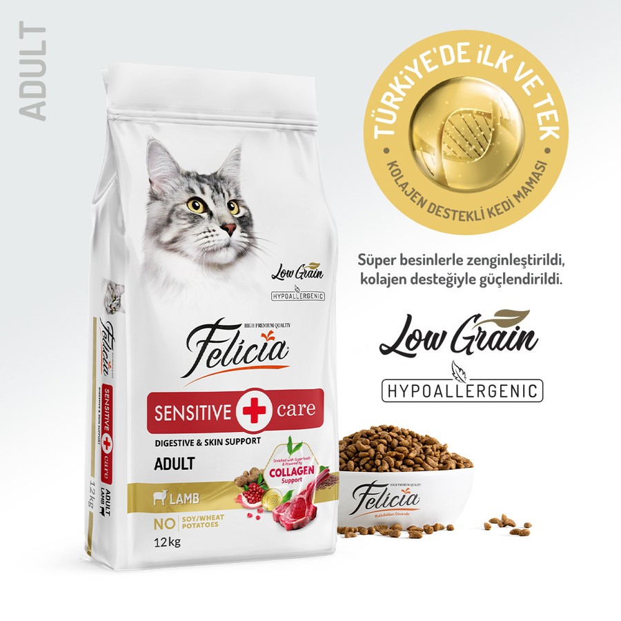 Felicia Yetişkin Kuzu Etli Az Tahıllı HypoAllergenic Kedi Maması 12 KG
