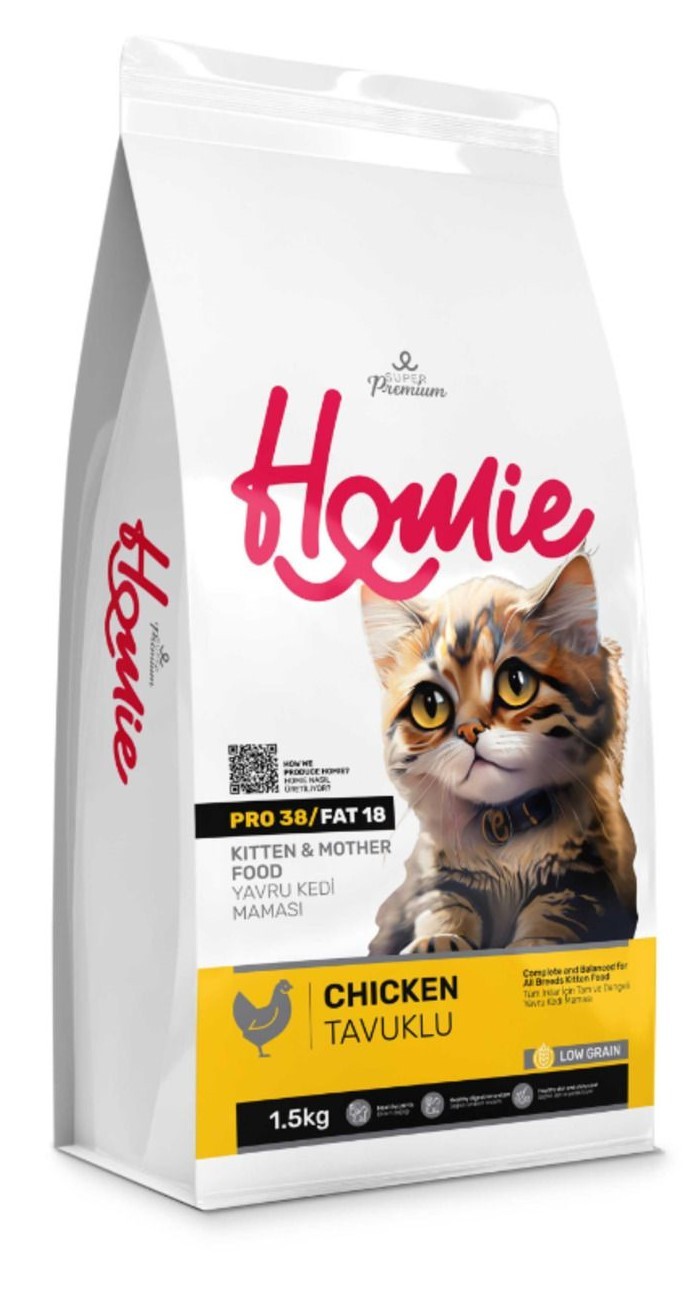 Homie Super Premium Düşük Tahıllı Tavuklu Yavru ve Anne Kedi Maması 1,5 KG