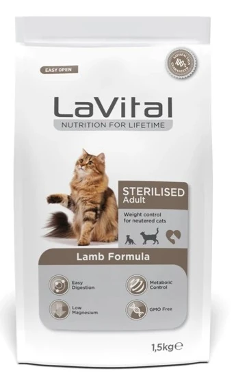LaVital Kuzu Etli Kısırlaştırılmış Yetişkin Kedi Maması 1,5 KG