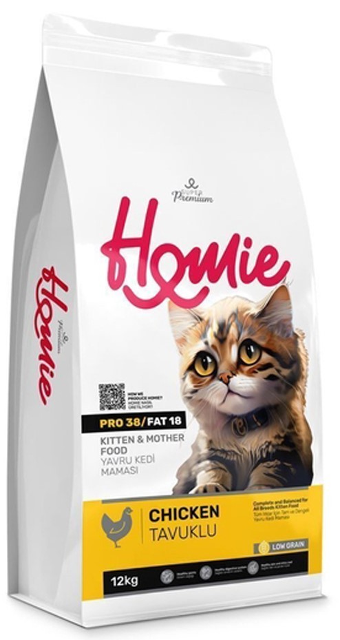 Homie Super Premium Düşük Tahıllı Tavuklu Yavru ve Anne Kedi Maması 12 KG