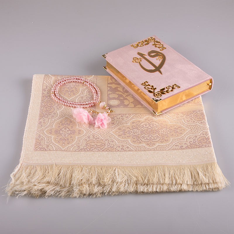 Asetat Kutulu Kadife Kuran-ı Kerim Seti (Pudra Pembe)