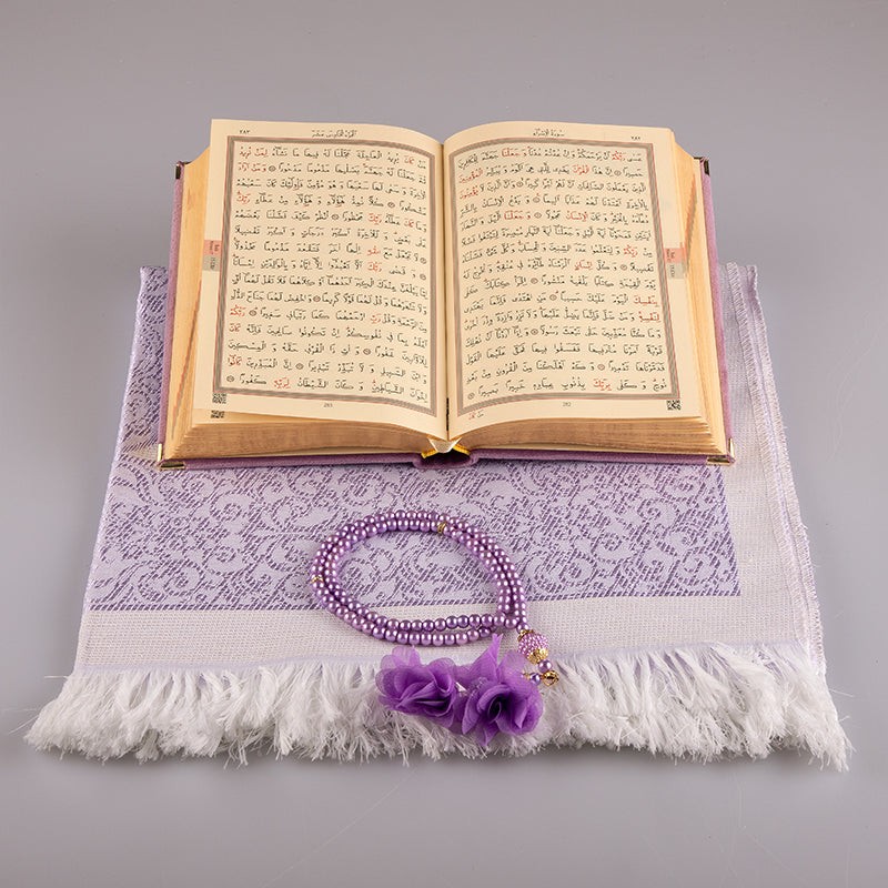 Asetat Kutulu Kadife Kuran-ı Kerim Seti (Lila)