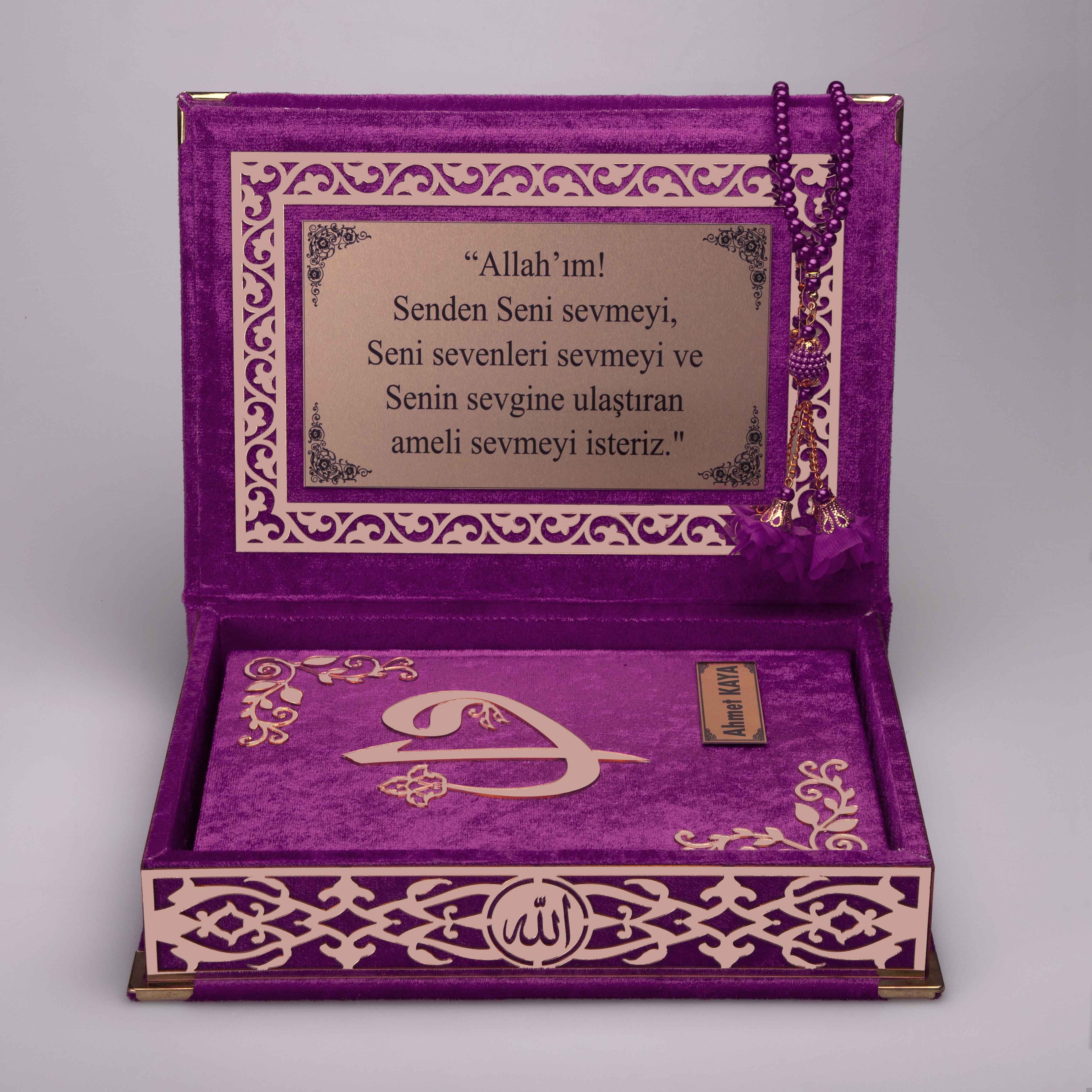 Kadife Kutulu Kur'an-ı Kerim (Lila, Gold Süsleme)