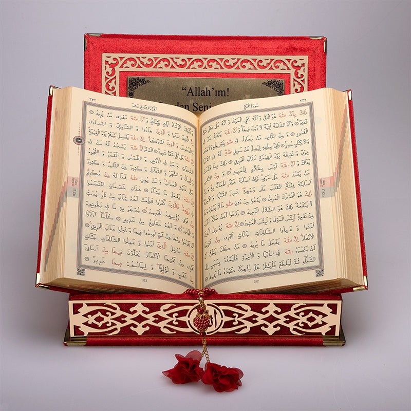 Kadife Kutulu Kur'an-ı Kerim (Kırmızı, Gold Süsleme)