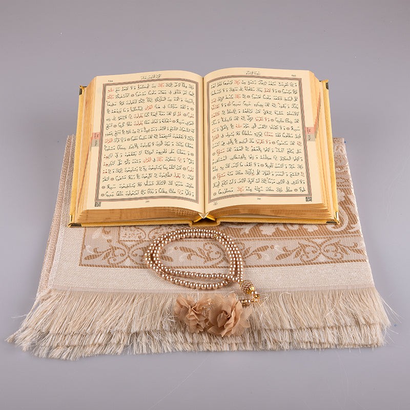 Asetat Kutulu Kadife Kuran-ı Kerim Seti (Gold)