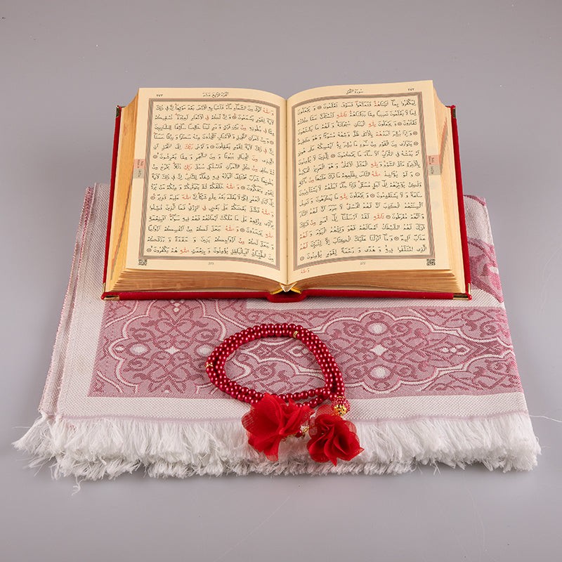 Asetat Kutulu Kadife Kuran-ı Kerim Seti (Kırmızı)