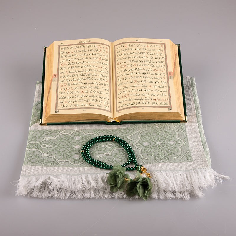 Asetat Kutulu Kadife Kuran-ı Kerim Seti (Zümrüt Yeşil)