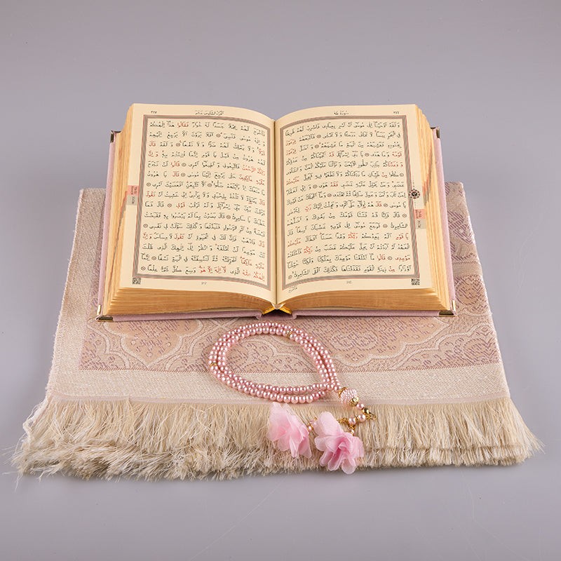 Asetat Kutulu Kadife Kuran-ı Kerim Seti (Pudra Pembe)