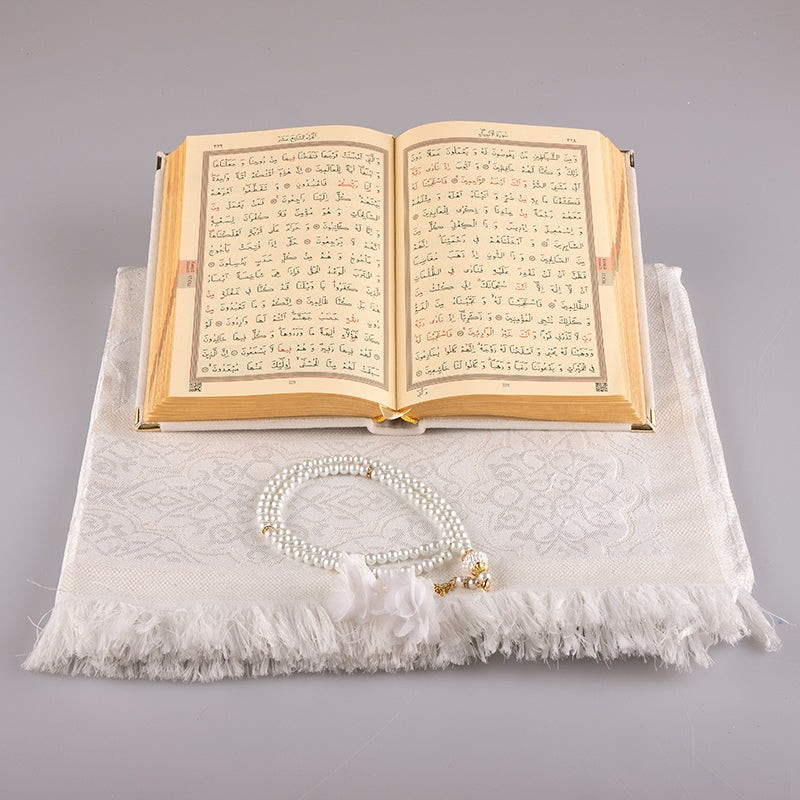 Asetat Kutulu Kadife Kuran-ı Kerim Seti (Beyaz)