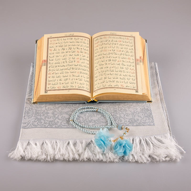 Asetat Kutulu Kadife Kuran-ı Kerim Seti (Gökyüzü Mavi)