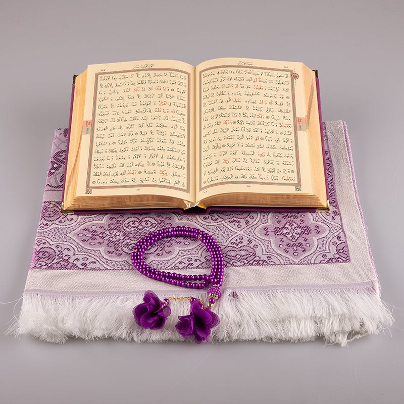 Asetat Kutulu Kadife Kuran-ı Kerim Seti (Mor)