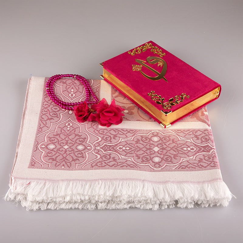 Asetat Kutulu Kadife Kuran-ı Kerim Seti (Fuşya Pembe)