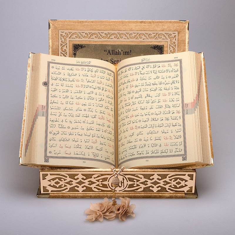 Kadife Kutulu Kur'an-ı Kerim (Gold, Gold Süsleme)