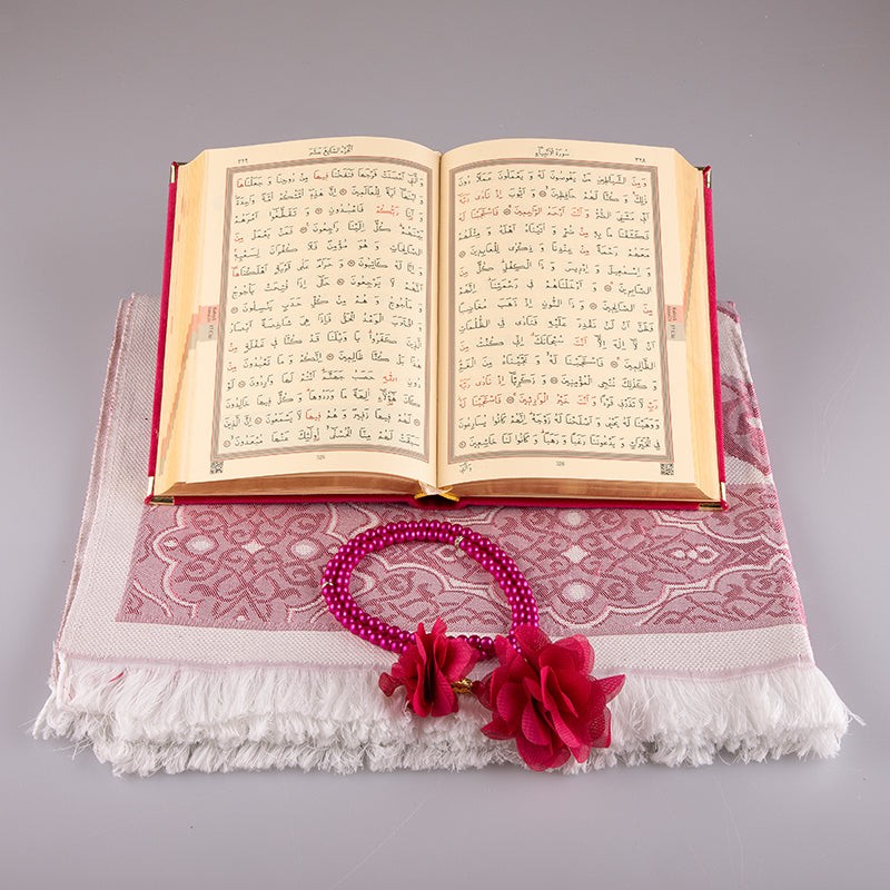 Asetat Kutulu Kadife Kuran-ı Kerim Seti (Fuşya Pembe)