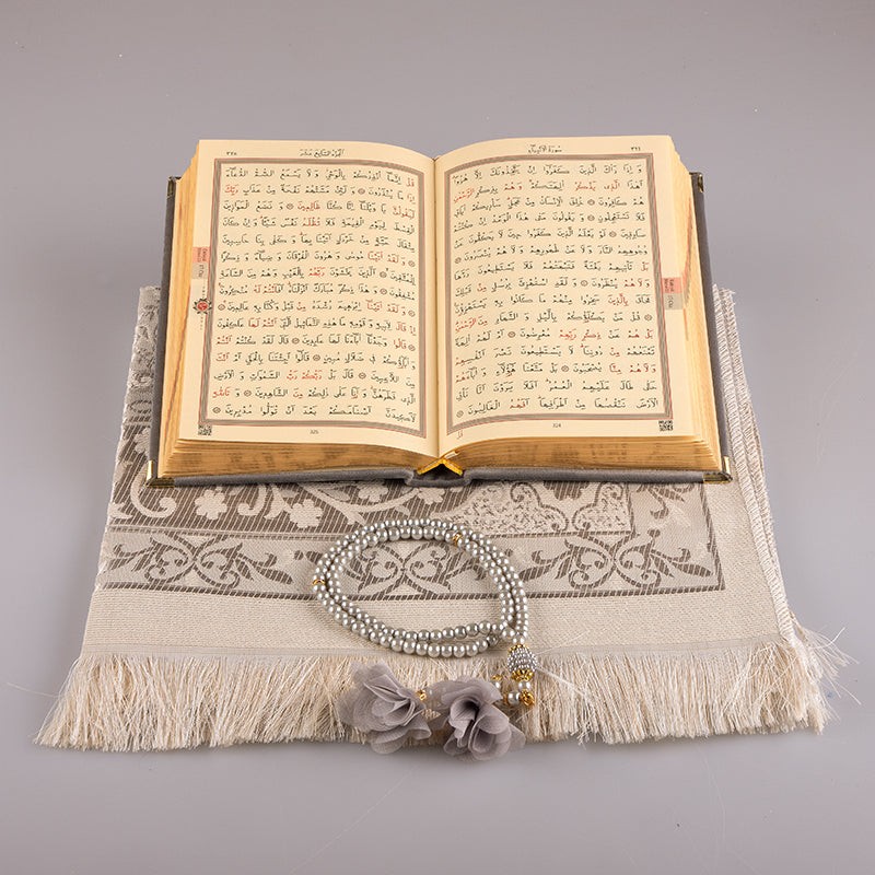 Asetat Kutulu Kadife Kuran-ı Kerim Seti (Gri)