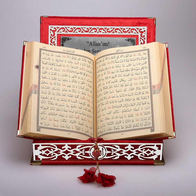 Kadife Kutulu Kur'an-ı Kerim (Kırmızı, Gümüş Süsleme)
