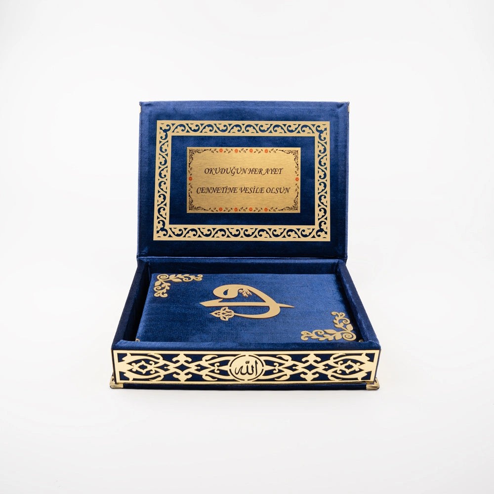 Kadife Kutulu Kur'an-ı Kerim (Lacivert, Gold Süsleme)