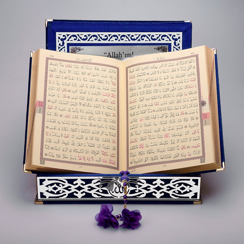 Kadife Kutulu Kur'an-ı Kerim (Lacivert, Gümüş Süsleme)