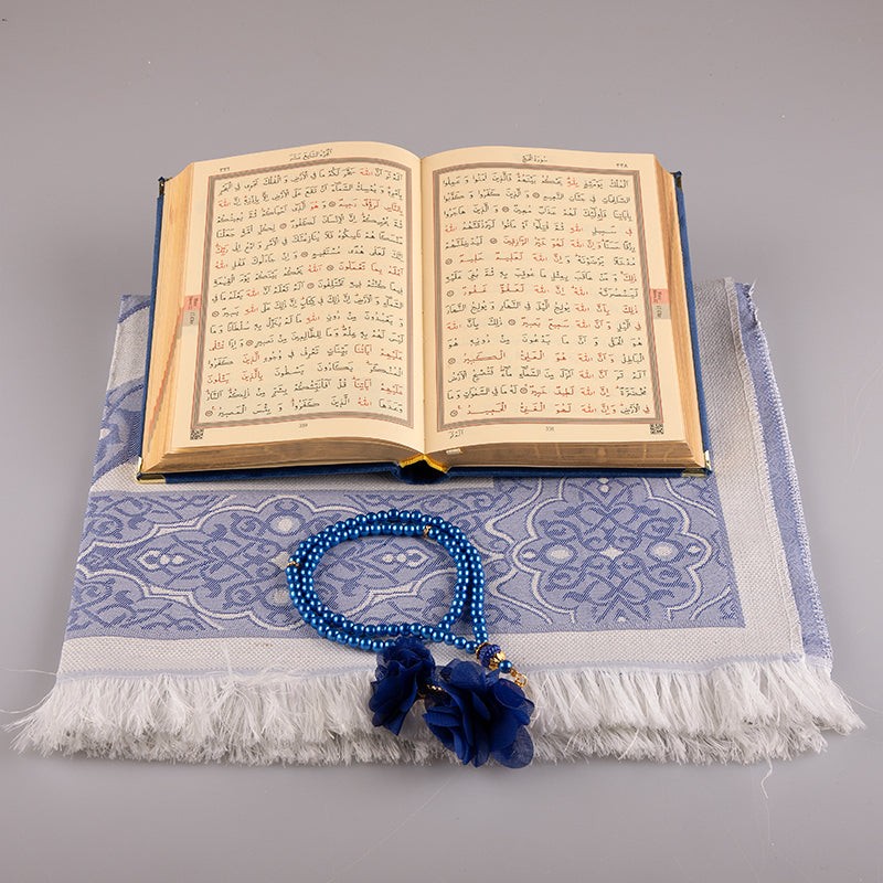 Asetat Kutulu Kadife Kuran-ı Kerim Seti (Lacivert)