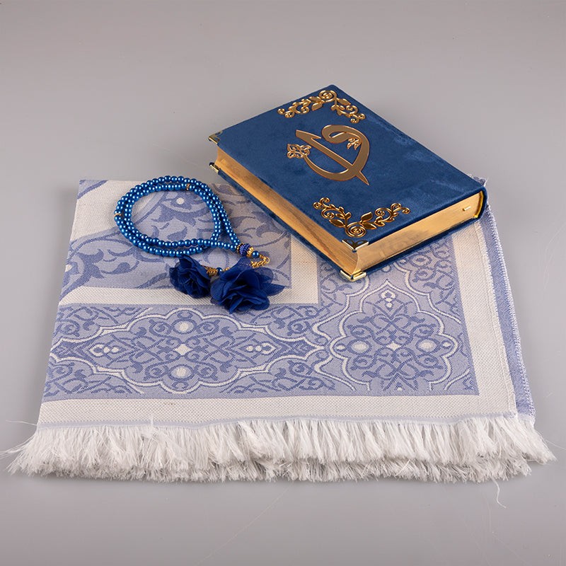 Asetat Kutulu Kadife Kuran-ı Kerim Seti (Lacivert)