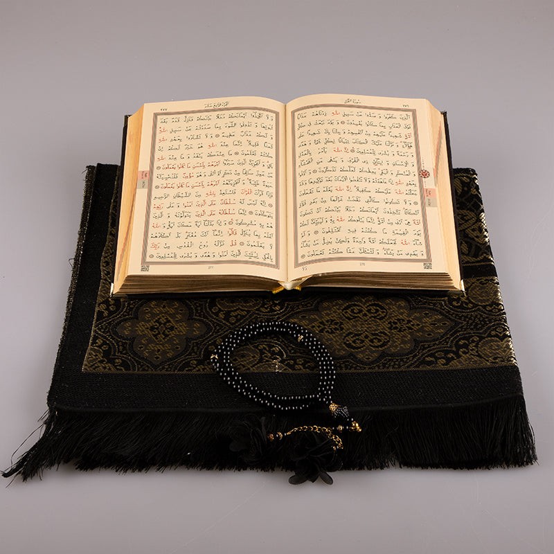 Asetat Kutulu Kadife Kuran-ı Kerim Seti (Siyah)