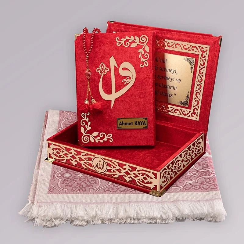 Kadife Kutulu Kur’an-ı Kerim (Kırmızı, Seccadeli, Gold Süsleme)