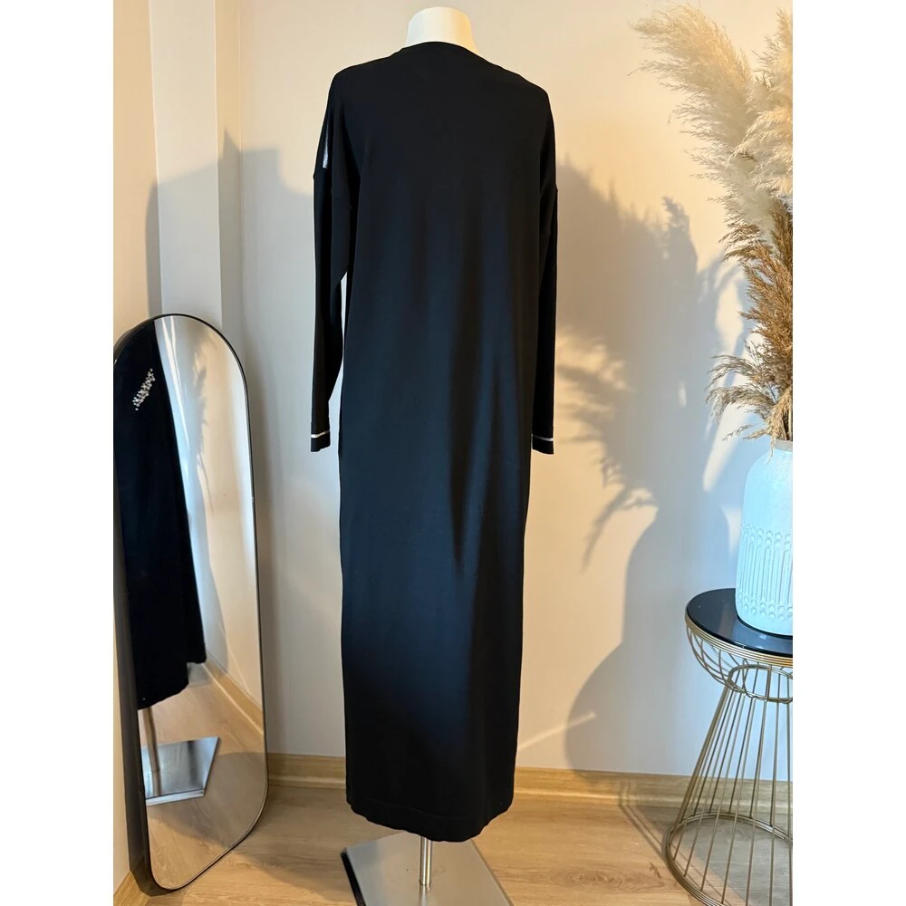 İnci Detaylı Siyah Merserize Elbise