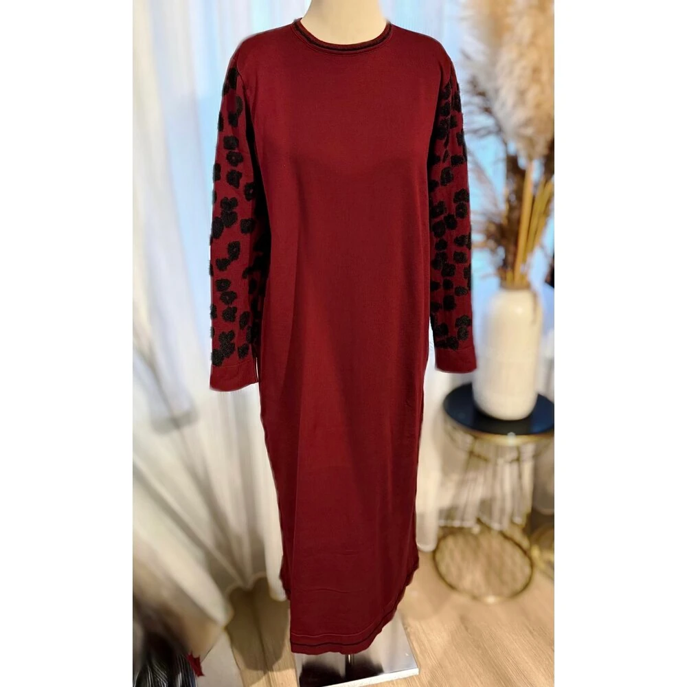 Bordo Kolu Leopar Detaylı Triko Elbise 