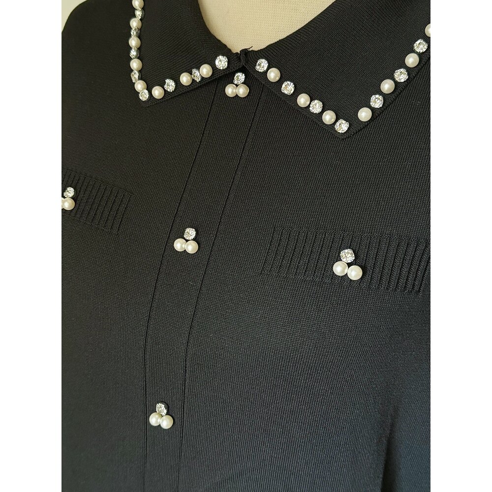 Siyah İnci ve Taş Süslemeli Merserize Elbise