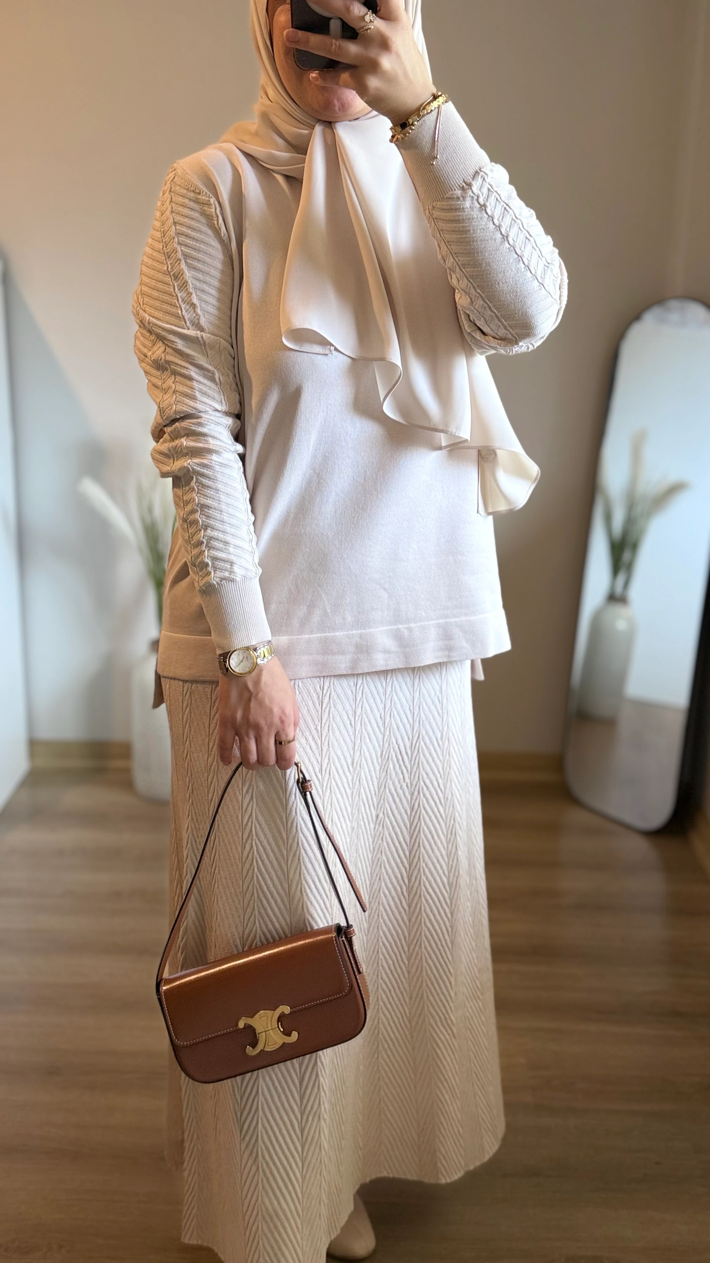 Krem Merserize Triko Etek-Bluz Takım