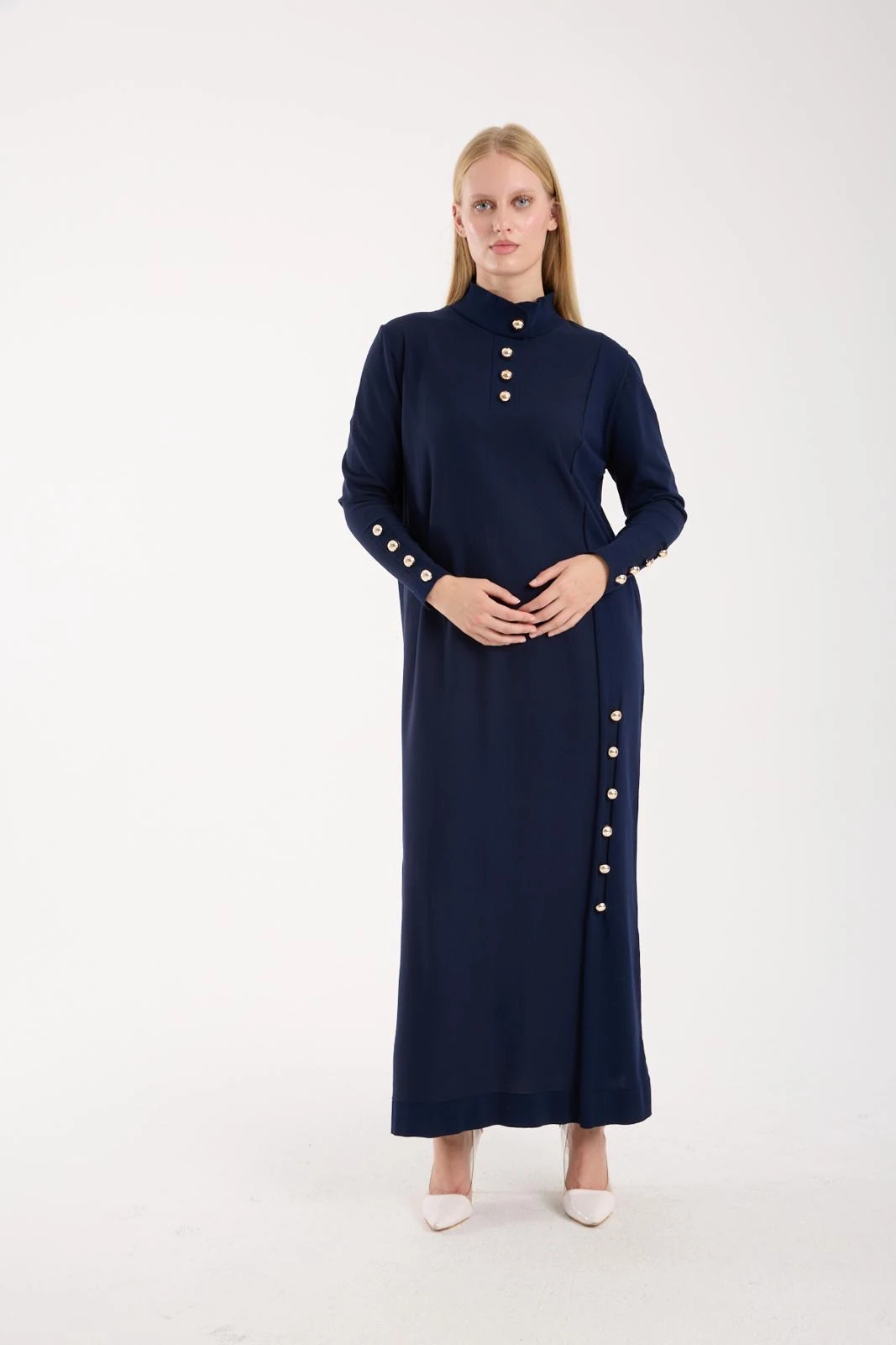 Düğme Detaylı Lacivert Merserize Triko Elbise