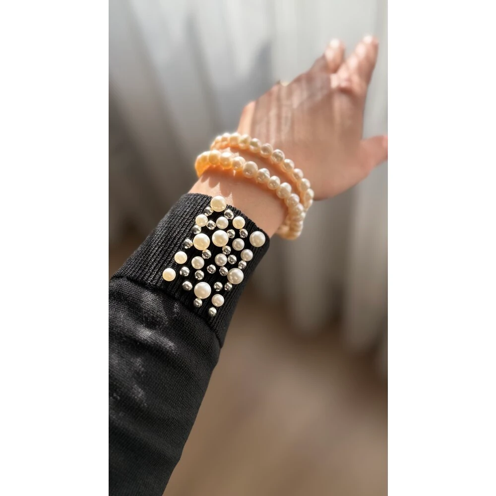 İnci Detaylı Siyah Merserize Elbise