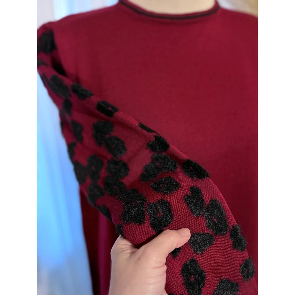 Bordo Kolu Leopar Detaylı Triko Elbise 