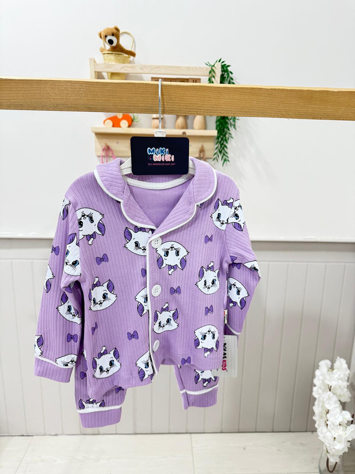 %100 Pamuk Kedili Fitilli Pİjama Takımı - Lila