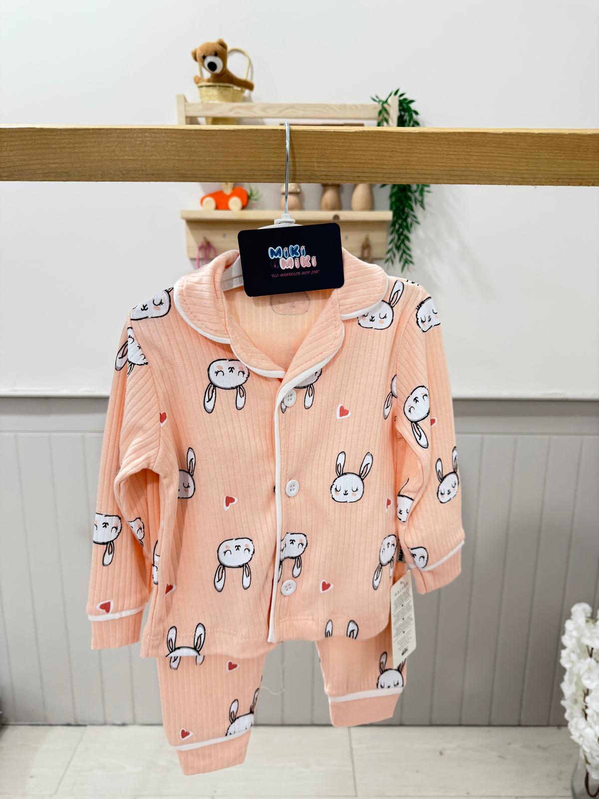 %100 Pamuk Tavşanlı Fitilli Pijama Takımı - Açık Şeker Pembe